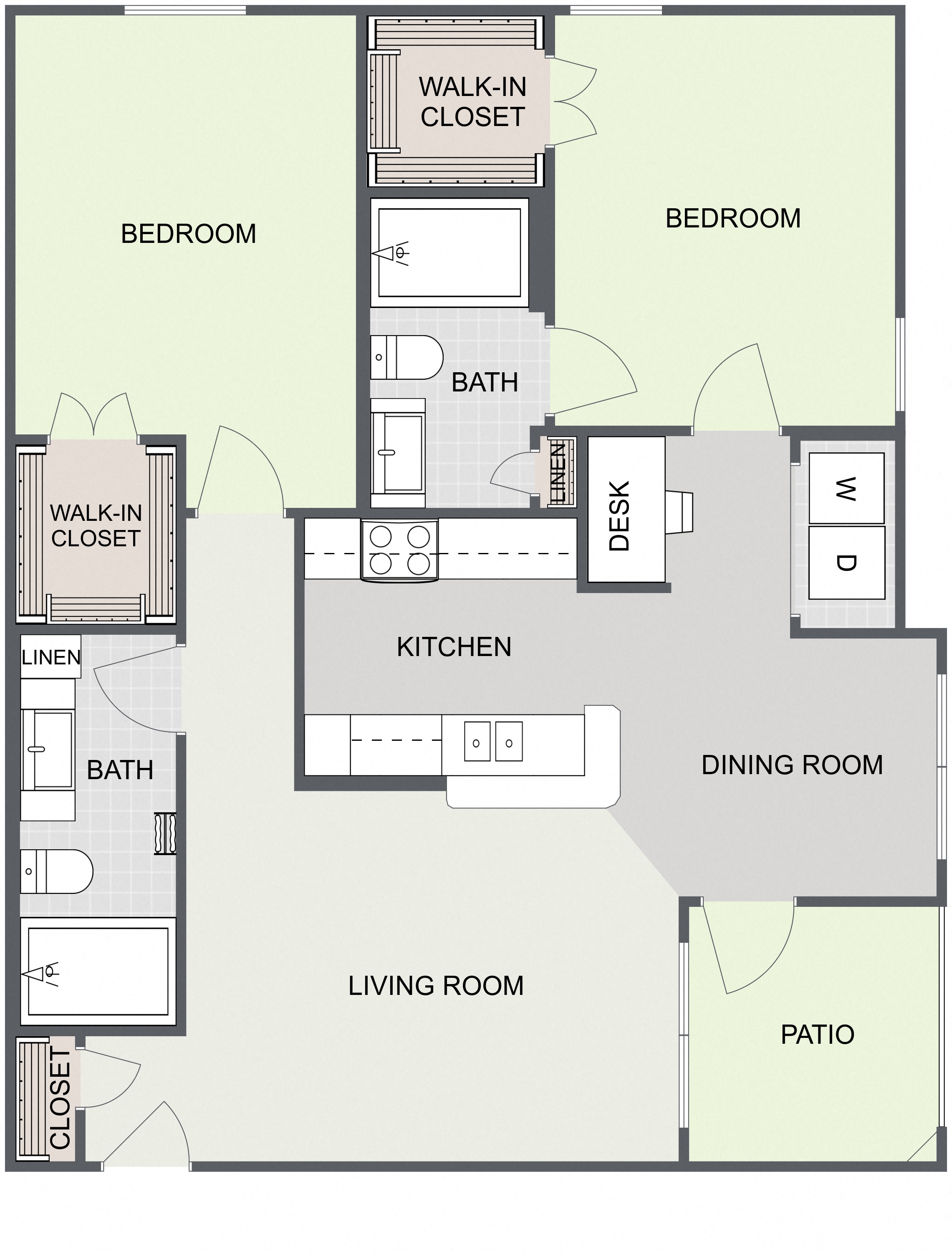 Floor plan for 2 beds, 2 baths, 1040 sqft